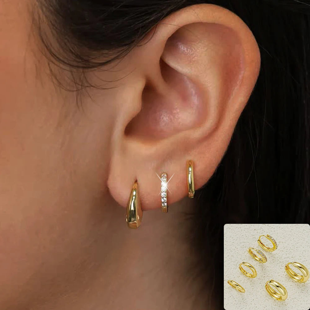 3-4Pairs Set Chic Glossy Gold Plated Copper Crystal Oval Huggie Hoop Earrings for Women Urban Modern Female Ear Hoops Jewelry