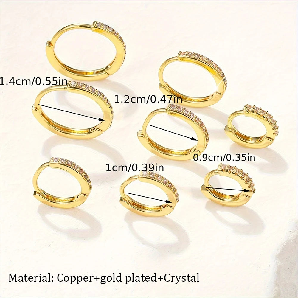 3-4Pairs Set Chic Glossy Gold Plated Copper Crystal Oval Huggie Hoop Earrings for Women Urban Modern Female Ear Hoops Jewelry