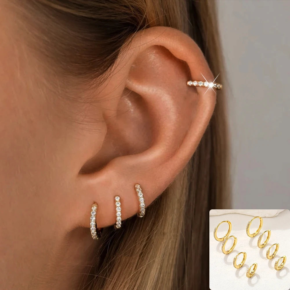 3-4Pairs Set Chic Glossy Gold Plated Copper Crystal Oval Huggie Hoop Earrings for Women Urban Modern Female Ear Hoops Jewelry