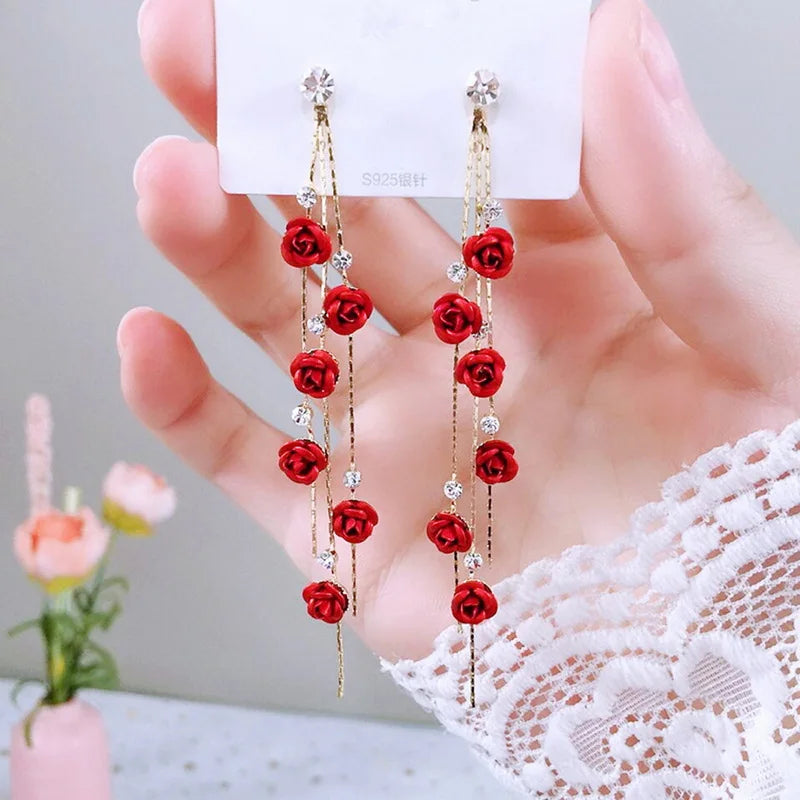 New Fashion Jewelry Red Rose Drop Earrings Women Vintage Rhinestone Flowers Dangle Earring Weddings Engagement Party Jewelry