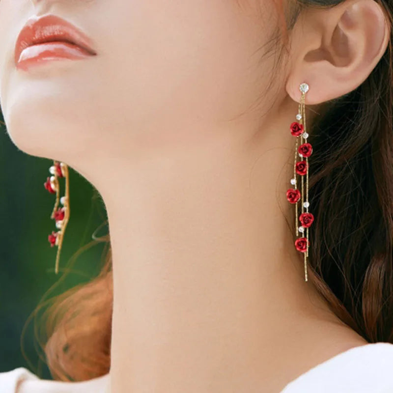 New Fashion Jewelry Red Rose Drop Earrings Women Vintage Rhinestone Flowers Dangle Earring Weddings Engagement Party Jewelry