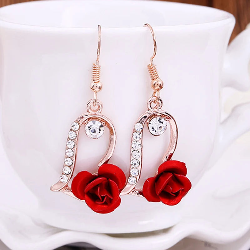 New Fashion Jewelry Red Rose Drop Earrings Women Vintage Rhinestone Flowers Dangle Earring Weddings Engagement Party Jewelry