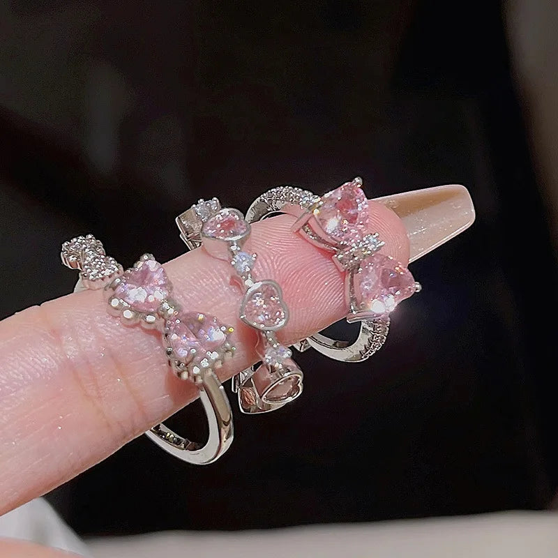 2PCS Fairy Sparkling Crown Rings for Women Teen Crystal Korean Adjustable Silvery Anniversary Gift Party Queen Ring Set Jewelry