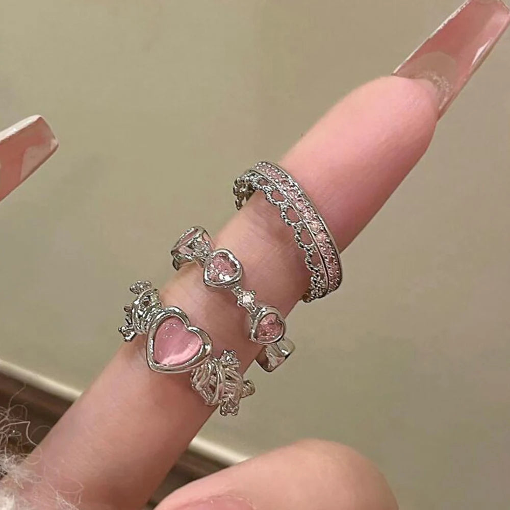 2PCS Fairy Sparkling Crown Rings for Women Teen Crystal Korean Adjustable Silvery Anniversary Gift Party Queen Ring Set Jewelry