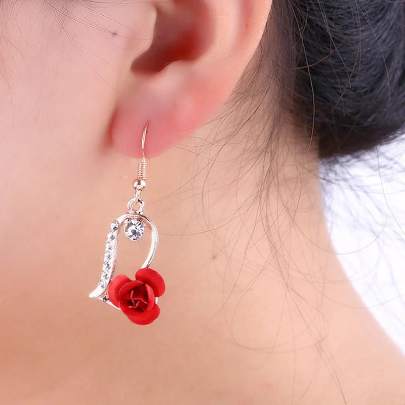 New Fashion Jewelry Red Rose Drop Earrings Women Vintage Rhinestone Flowers Dangle Earring Weddings Engagement Party Jewelry