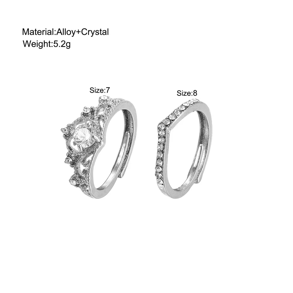 2PCS Fairy Sparkling Crown Rings for Women Teen Crystal Korean Adjustable Silvery Anniversary Gift Party Queen Ring Set Jewelry