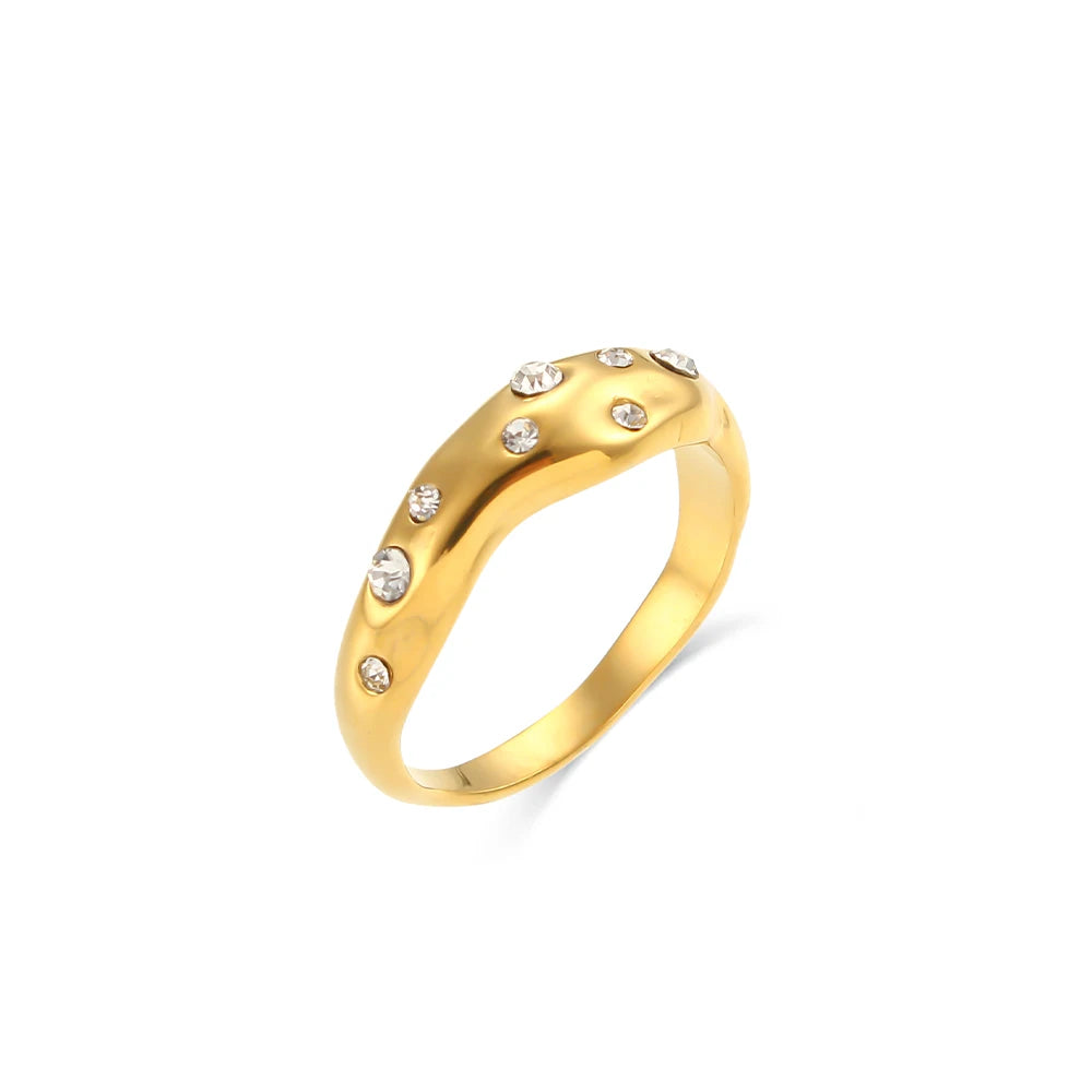 E.B.belle  New In Stainless Steel Irregular Snake Shape Crystal Ring Gold Plated Tarnish Free Jewelry Laides Elegant Ring